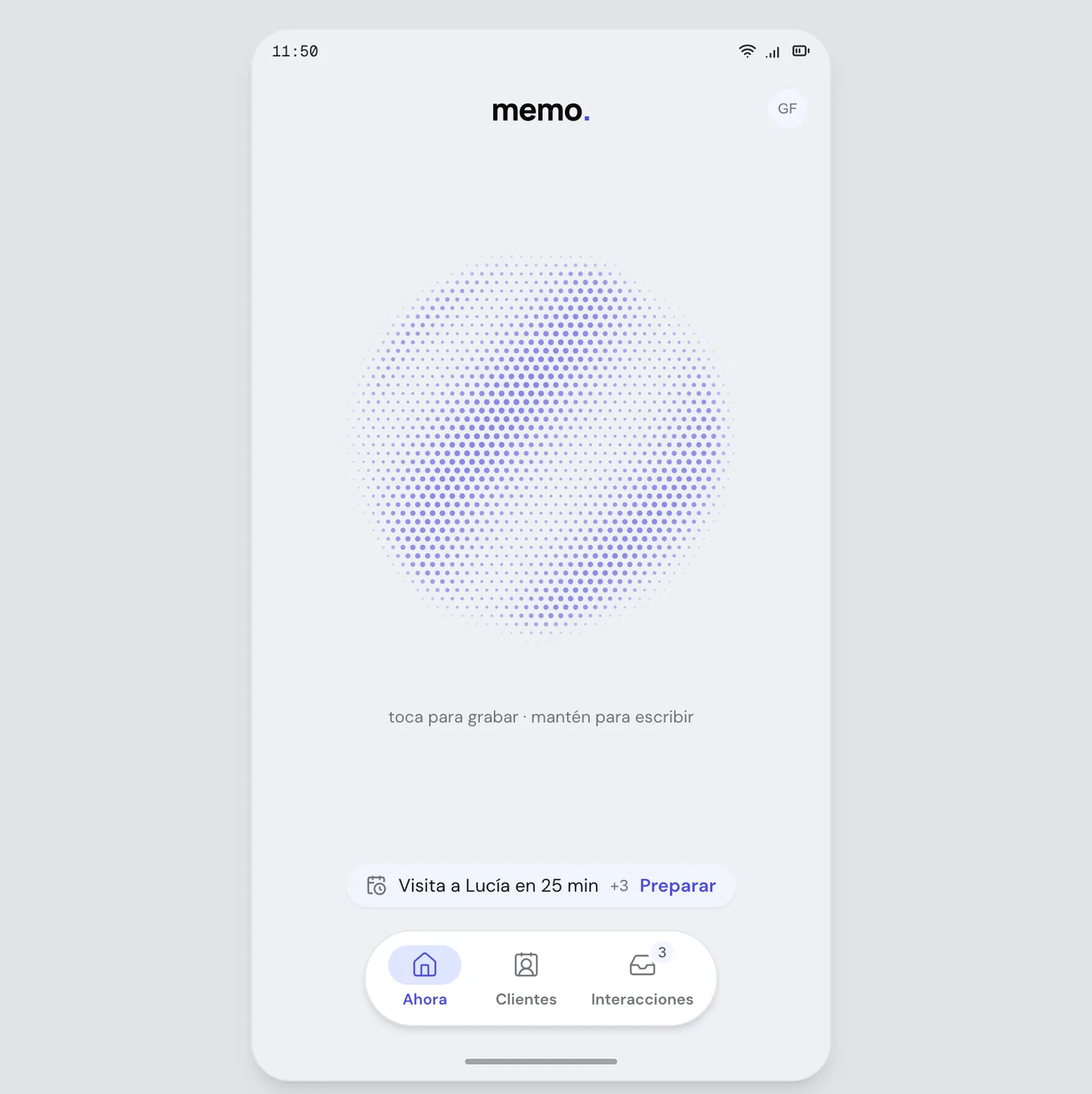 El producto en Android: la misma pantalla de grabación, con la barra de navegación anclada al borde inferior y cada ícono con su etiqueta.