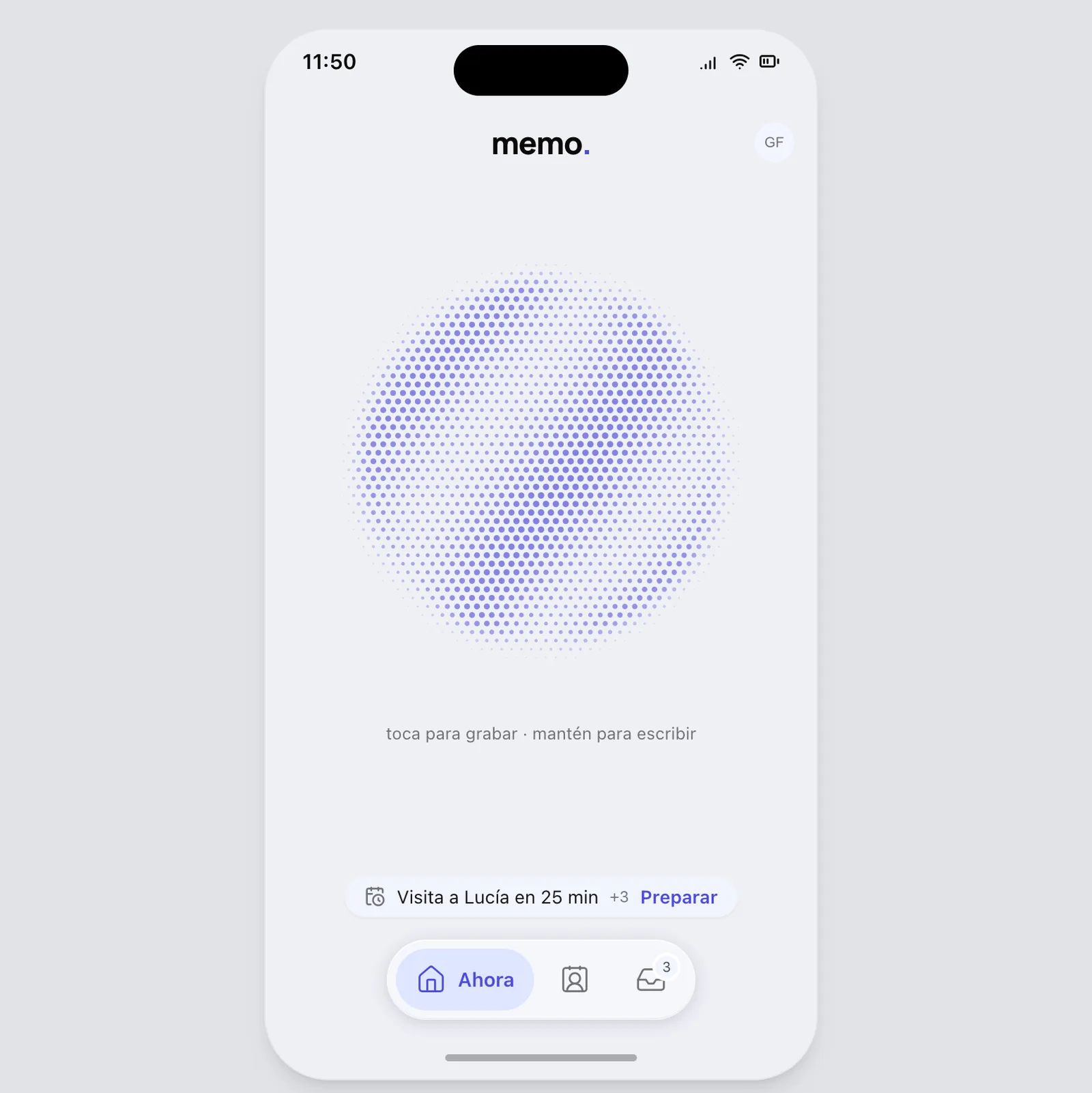 El producto en iPhone: un círculo de puntos ocupa la pantalla con la instrucción de tocar para grabar, y abajo una barra de pestañas flotante, solo con íconos.