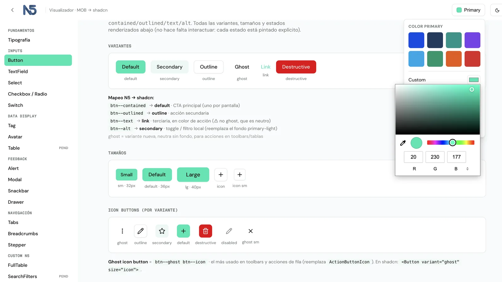 El mismo visualizador con el selector de color abierto y todos los componentes ya redibujados sobre el color elegido.