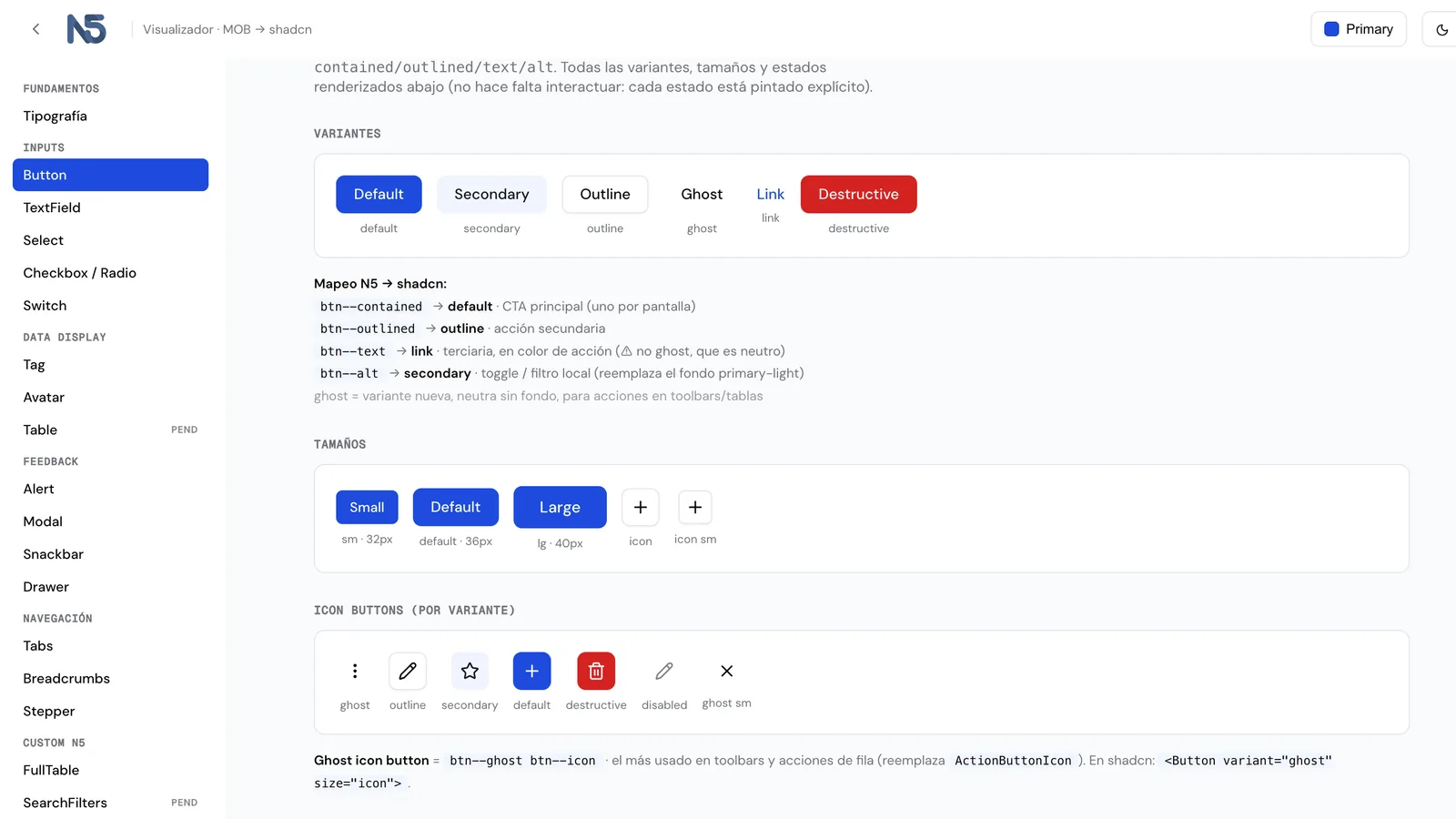 Visualizador de componentes: botones, campos, tarjetas y estados mostrados juntos en una sola pantalla, con la paleta por defecto.